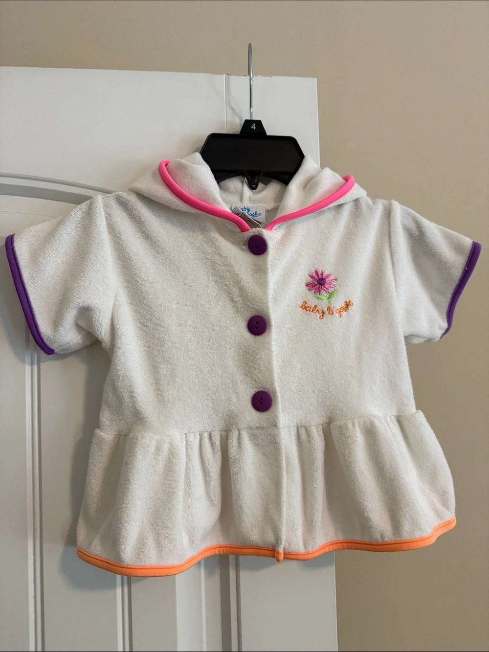 Vintage Baby B’gosh White Hooded Peplum Terry Top with Purple Trim 18M